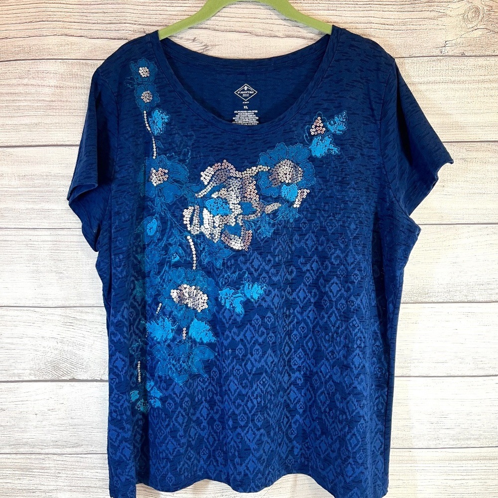 ST JOHNS BAY NAVY SILVER SLUB KNIT TOP